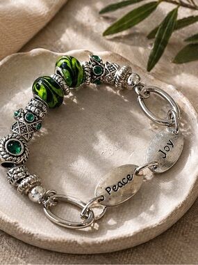 Silver Tone Charm Bracelet with Green Glass Beads | Joy & Peace Bracelet